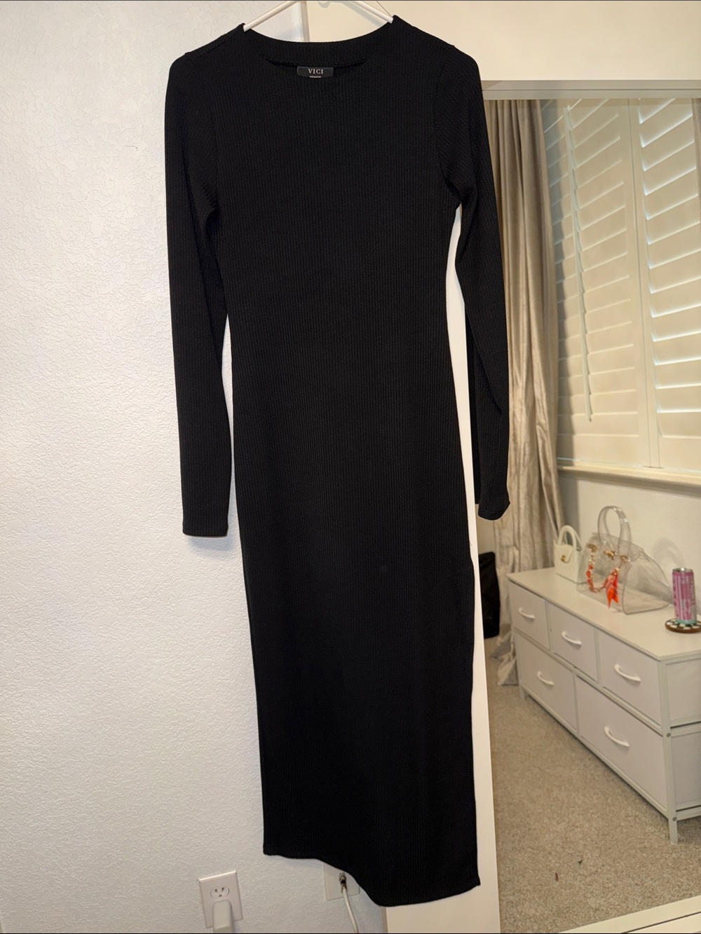 VICI Black Long Sleeve Ribbed Slit Maxi Dress